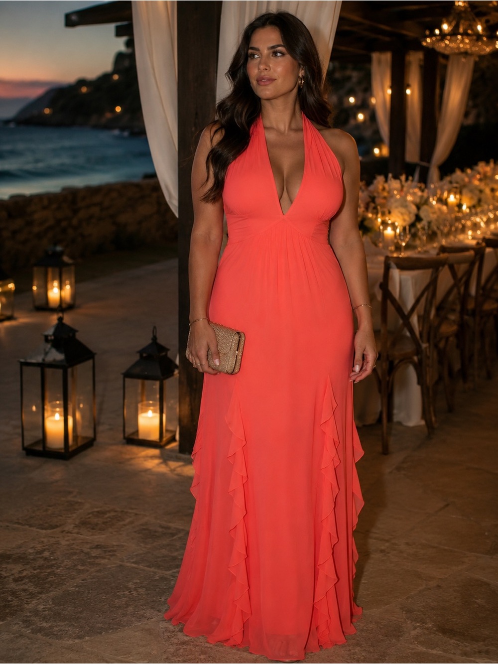 NWT Fashion Nova Ruffle Maxi Dress • Vibrant Coral Halter Ruffle Gown • XL